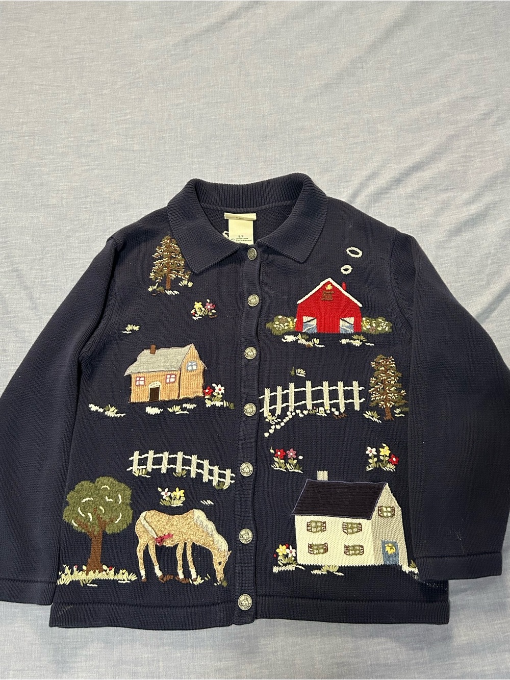 Northern Reflections Navy Cardigan with Farm Scene Embroidery